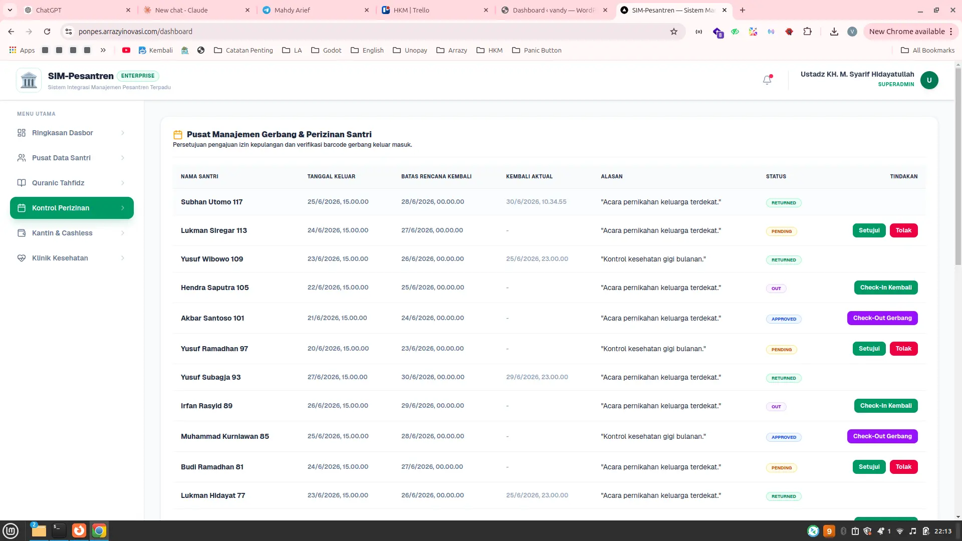 Pusat manajemen gerbang dan perizinan santri: daftar pengajuan izin keluar beserta status approved, pending, returned, dan tombol aksi setujui atau tolak