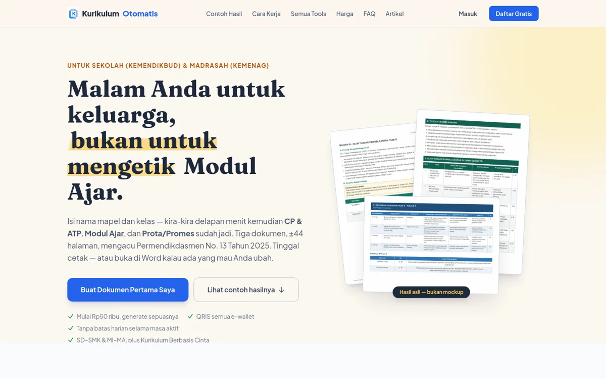 Halaman utama Kurikulum Otomatis, generator dokumen kurikulum berbasis AI untuk guru