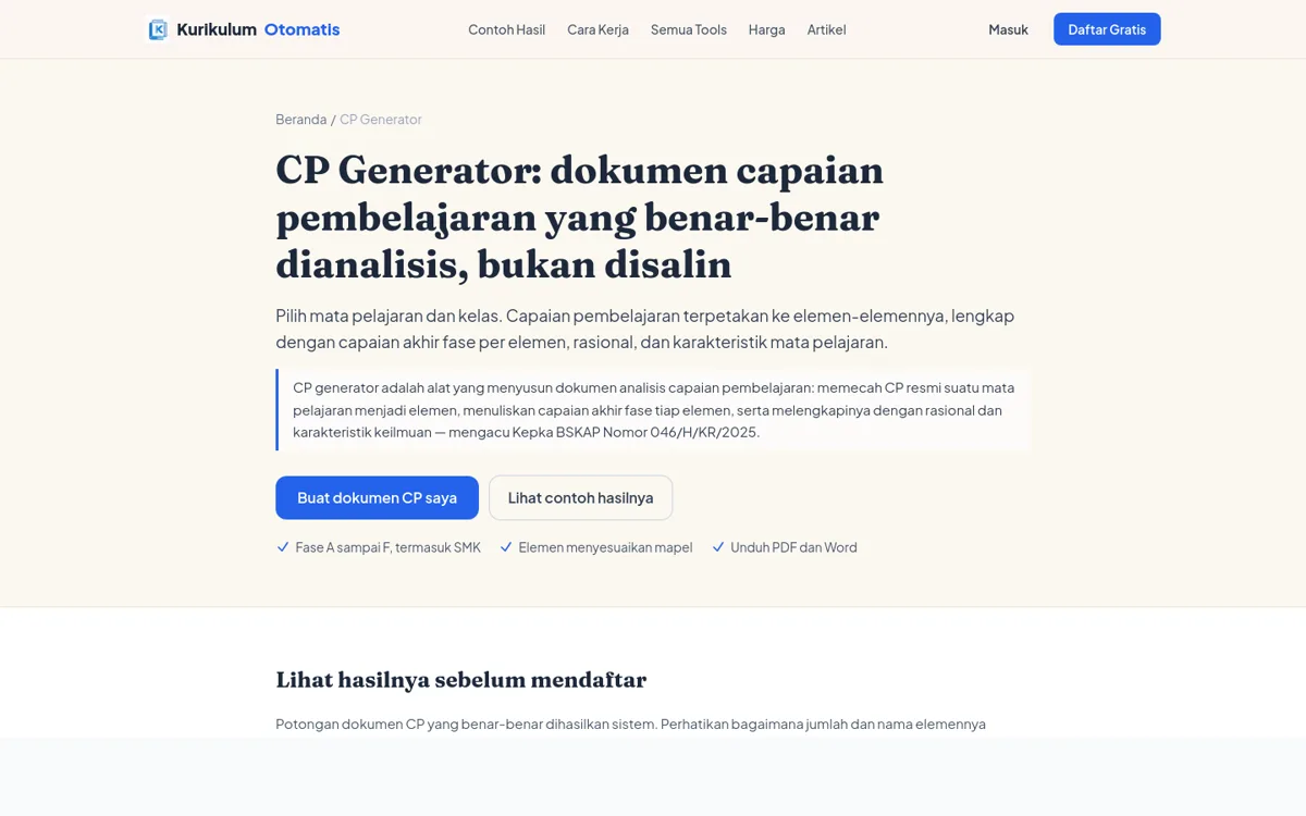 Halaman CP Generator Kurikulum Otomatis untuk menyusun Capaian Pembelajaran dan Alur Tujuan Pembelajaran