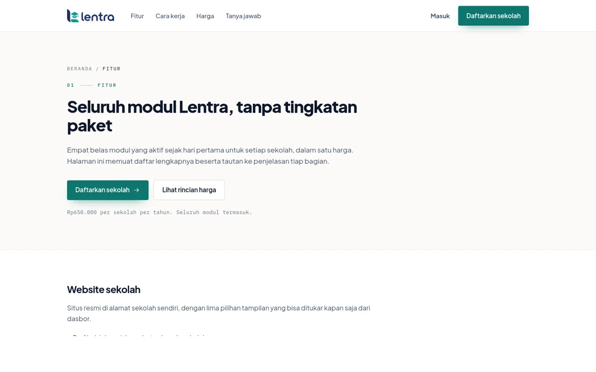 Halaman fitur Lentra yang merinci modul website sekolah dan sistem administrasinya