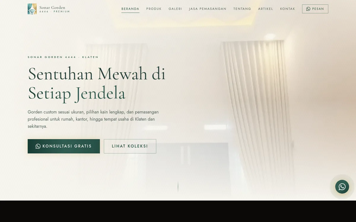 Halaman utama website Sonar Gorden 4444, katalog gorden custom di Klaten