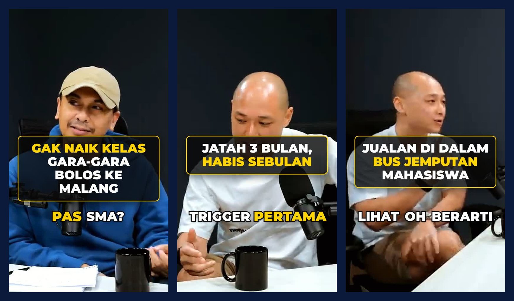 Tiga klip vertikal hasil Claude Code dan video-use dengan judul hook dan caption